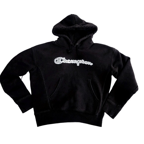 Champion Tops - Champion Y2K Reverse‎ Weave Hoodie Small Black Spellout Embroidered